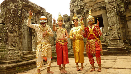 Cambodians wearing traditional costumes to pose